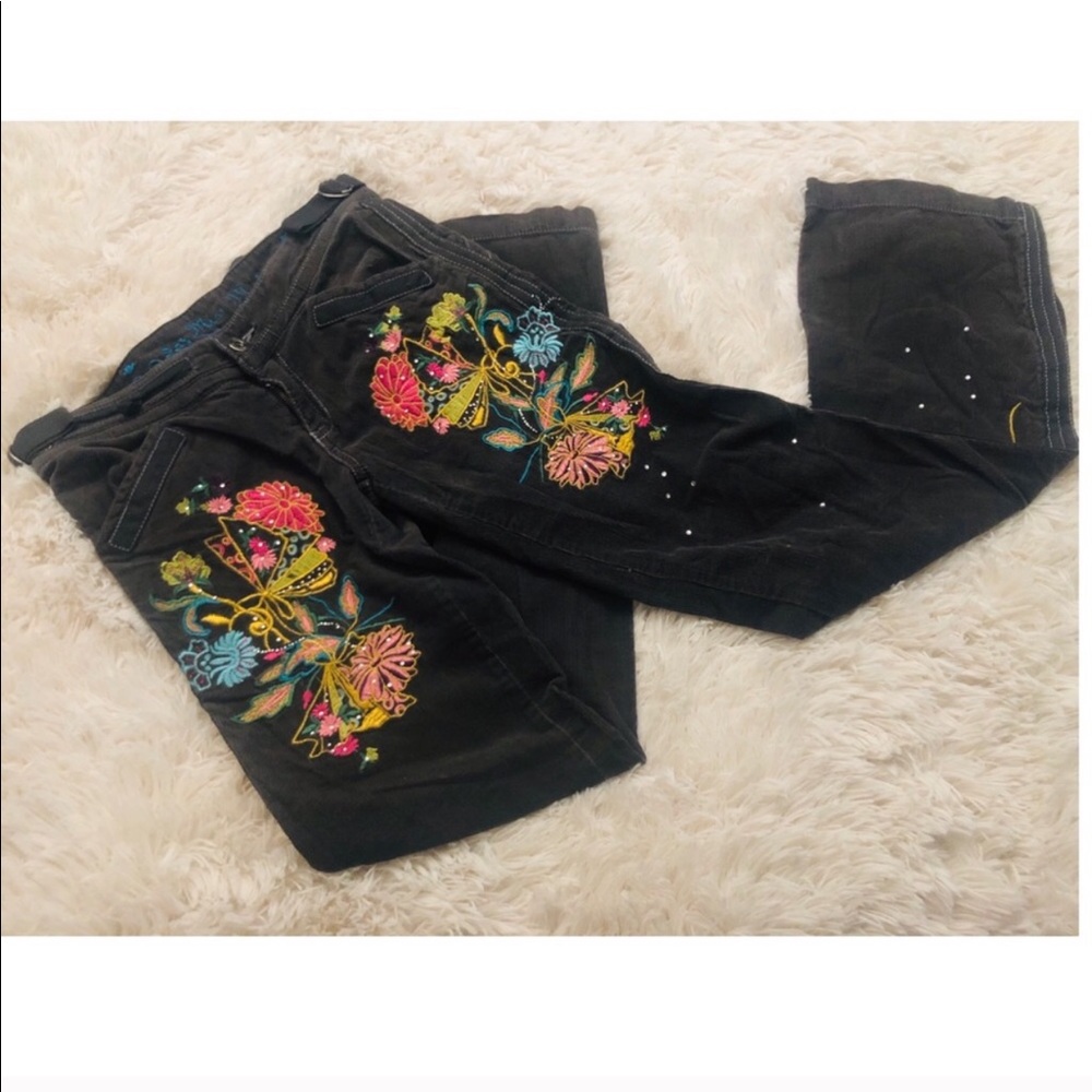 Corduroy Miss Me Pants With Floral Embroidery
